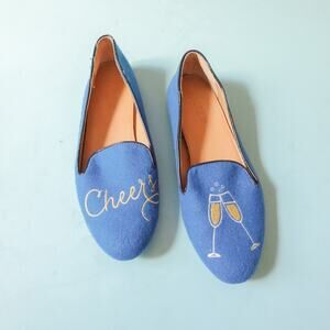 J Crew Blue Cheers Champagne Embroidered Faux Leather Loafer Flats Size 8